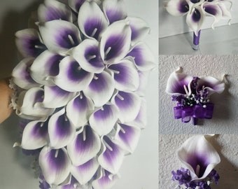 Purple Ivory Calla Lily Cascading Bridal Wedding Bouquet Accessories