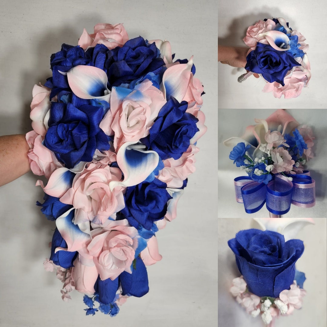 Pink Royal Blue Rose Calla Lily Bridal Wedding Bouquet Accessories - Etsy