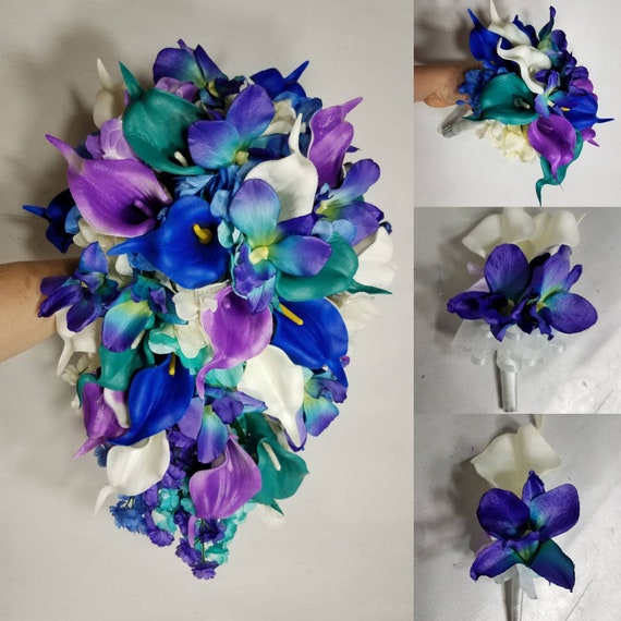 Teal Purple Royal Blue Calla Lily Galaxy Orchid Bridal Wedding