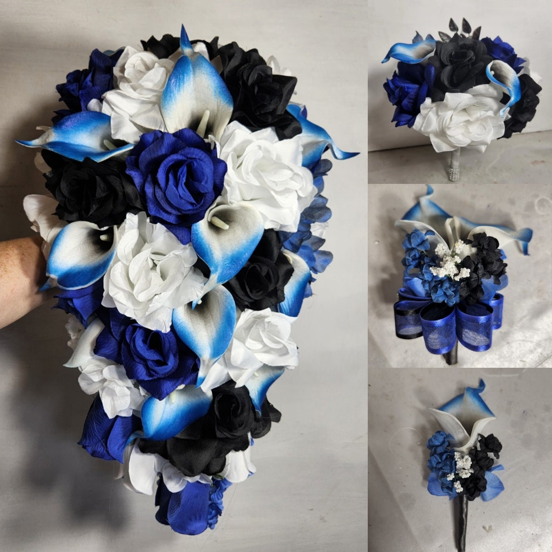 Royal Blue Black White Rose Calla Lily Bridal Wedding Bouquet ...