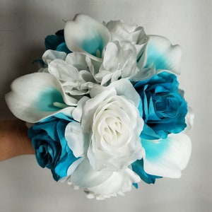 Teal White Rose Calla Lily Bridal Wedding Bouquet Accessories - Etsy