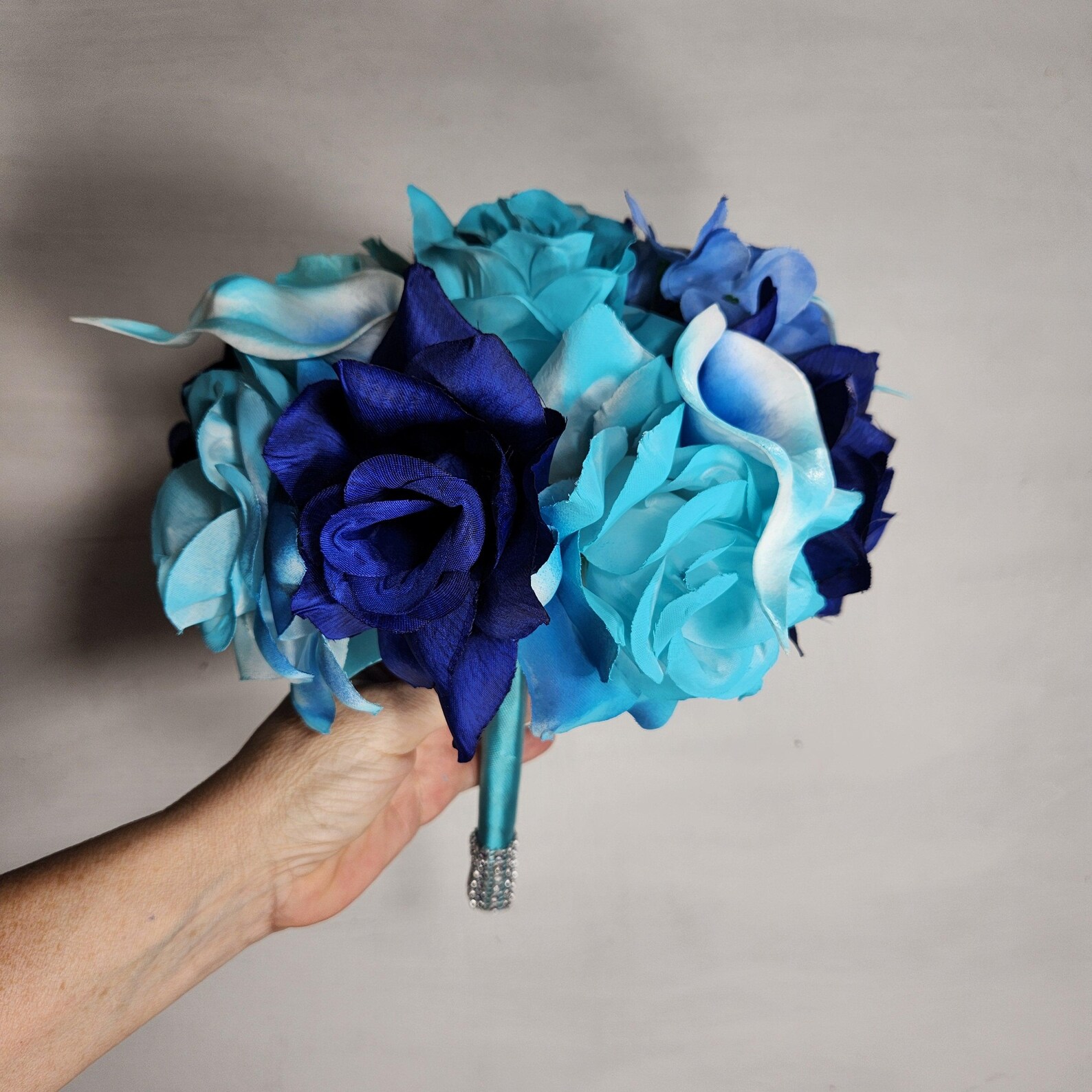 Turquoise Royal Blue Rose Calla Lily Bridal Wedding Bouquet Accessories ...