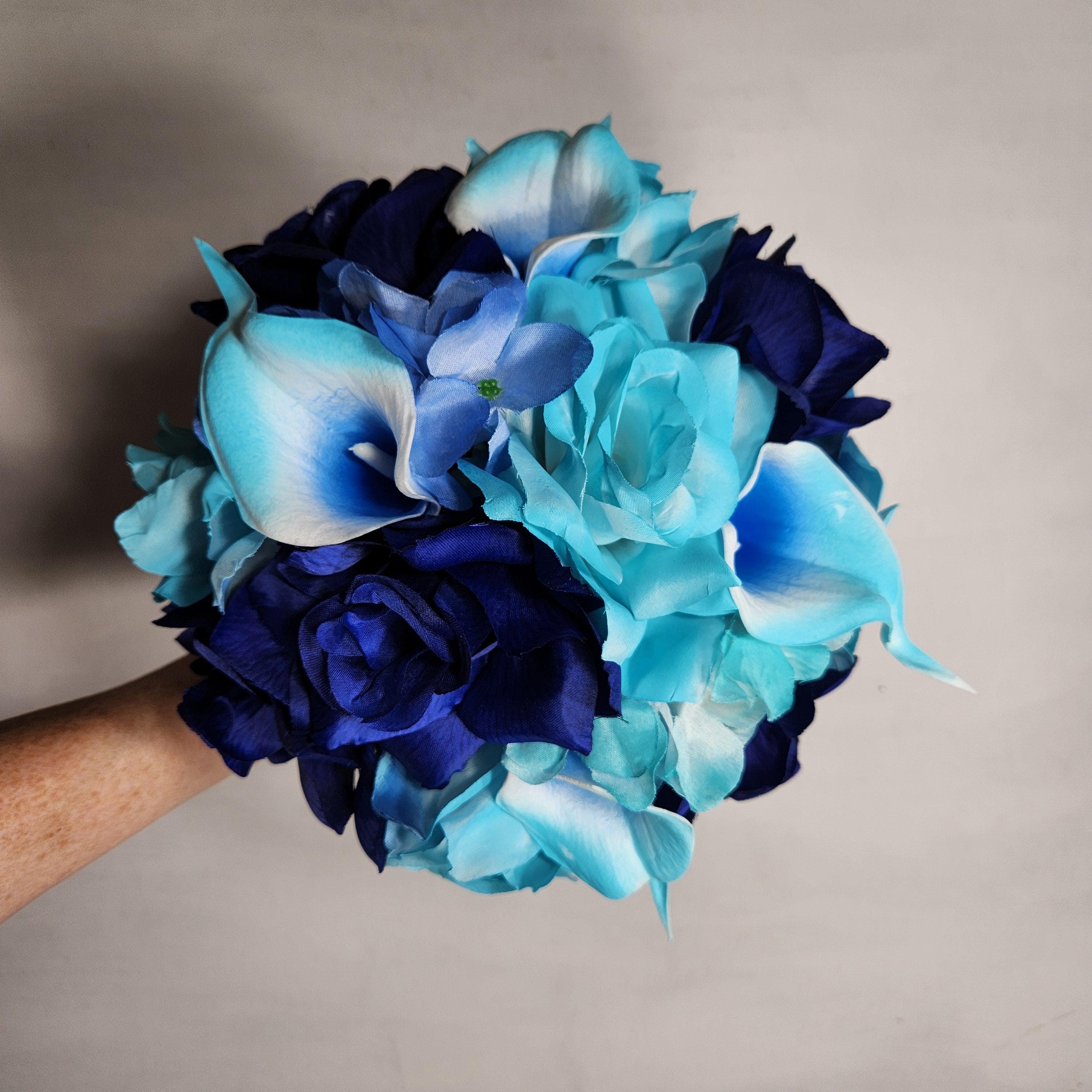 Turquoise Royal Blue Rose Calla Lily Bridal Wedding Bouquet Accessories ...