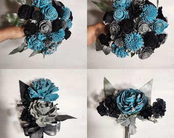 Turquoise Black Silver Rose Sola Wood Bridal Wedding Bouquet Accessories