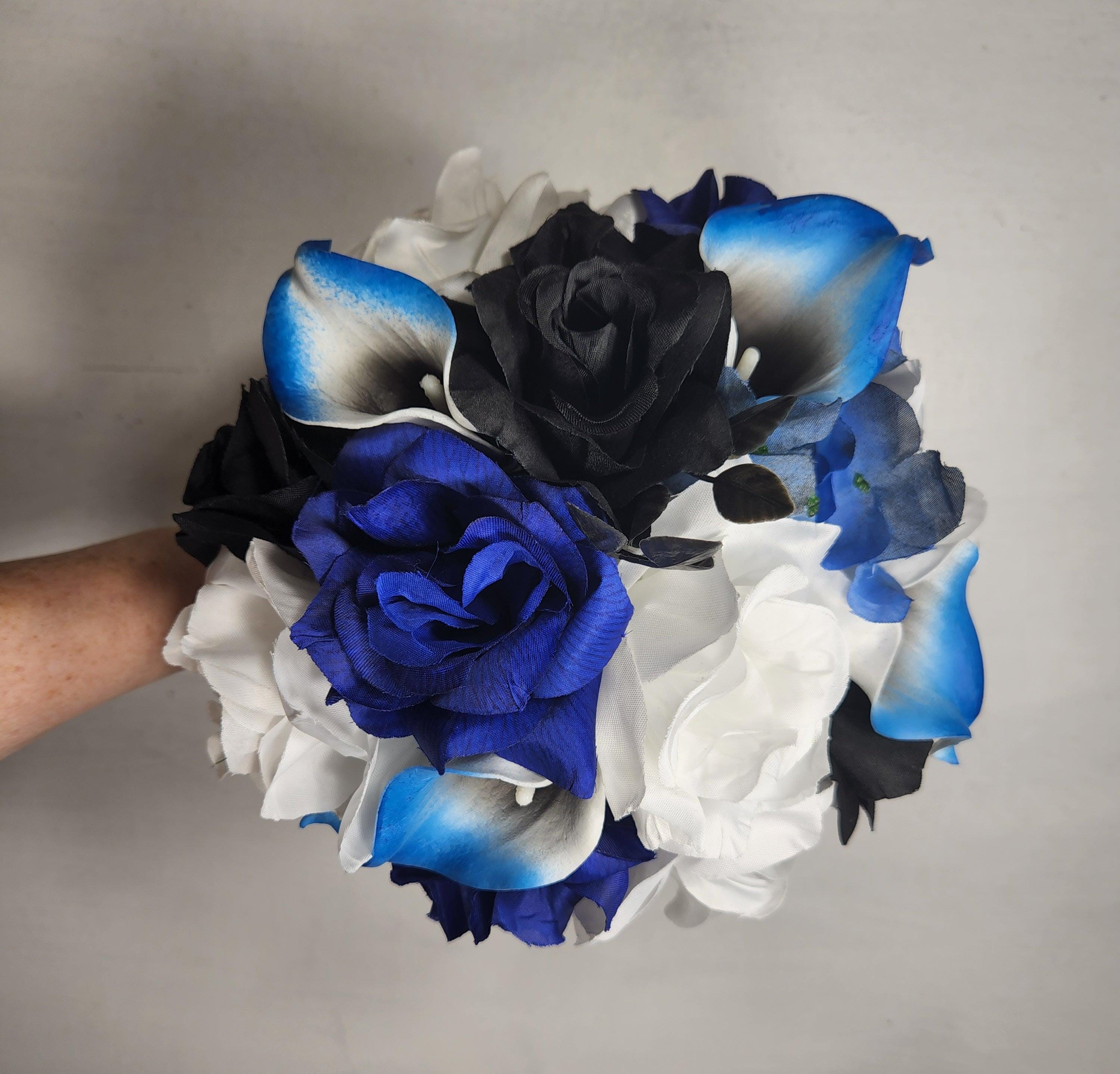 Royal Blue Black White Rose Calla Lily Bridal Wedding Bouquet ...