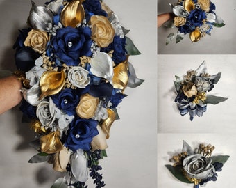 Navy Blue Silver Gold Rose Calla Lily Sola Wood Bridal Wedding Bouquet Accessories