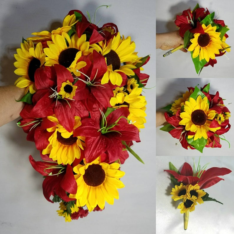 Red Yellow Tiger Lily Sunflower Bridal Wedding Bouquet & image 0