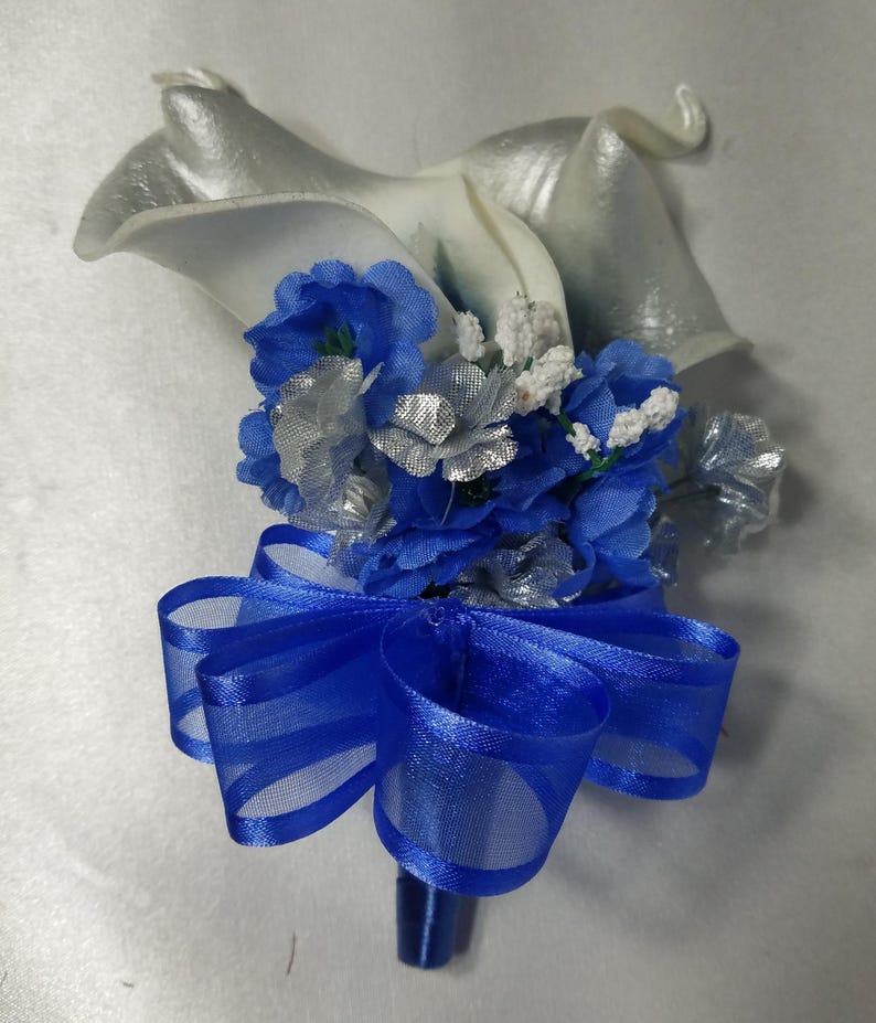 Royal Blue Silver White Rose Calla Lily Bridal Wedding Bouquet ...
