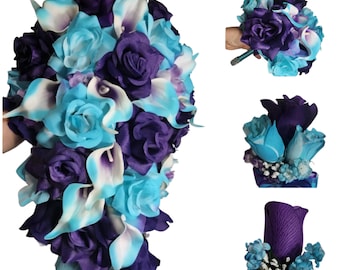 Purple Turquoise Rose Calla Lily Bridal Wedding Bouquet Accessories
