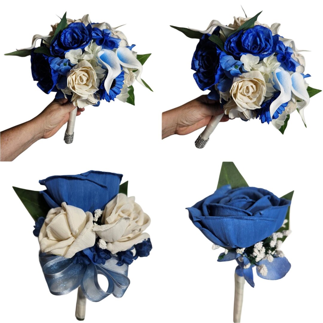 Royal Blue Ivory Rose Call Lily Sola Wood Bridal Wedding Bouquet ...