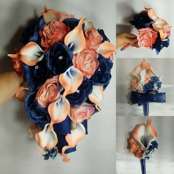 Navy Blue Silver Rose Calla Lily Bridal Wedding Bouquet Accessories