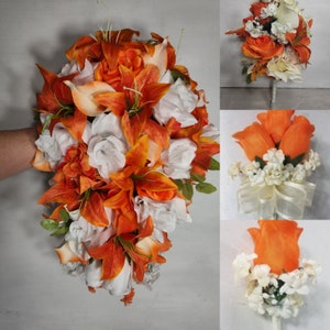 Orange White Rose Tiger Lily Bridal Wedding Bouquet Accessories