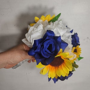 Royal Blue White Rose Sunflower Bridal Wedding Bouquet Accessories image 7