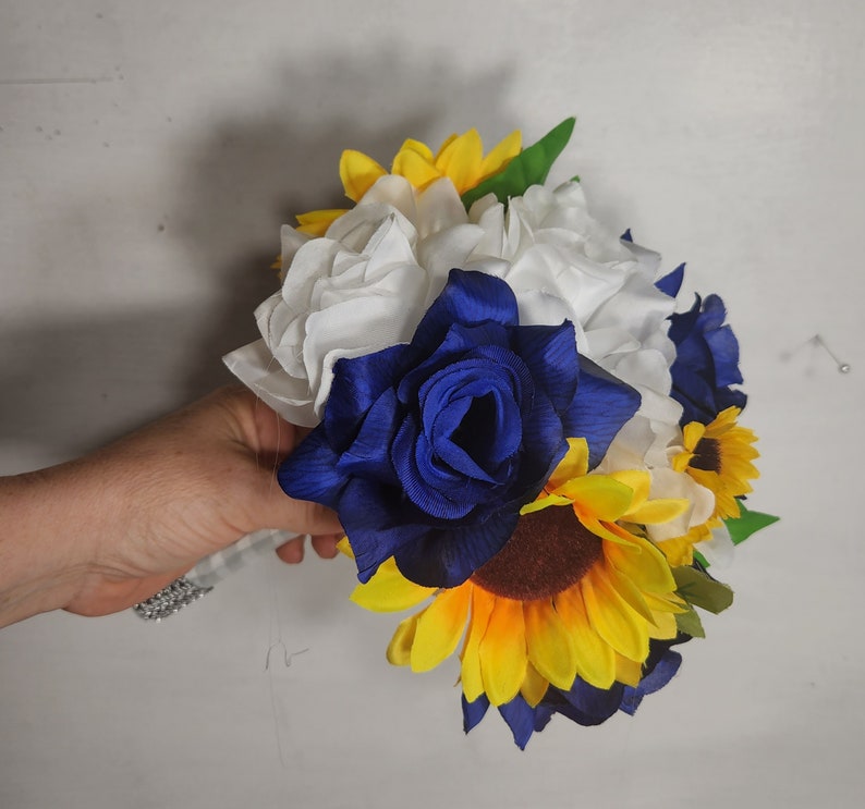 Royal Blue White Rose Sunflower Bridal Wedding Bouquet Accessories image 7