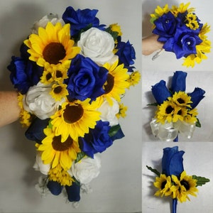 Royal Blue White Rose Sunflower Bridal Wedding Bouquet Accessories image 1
