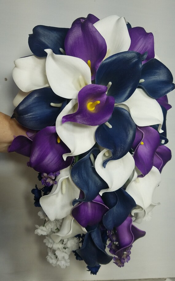 Navy Blue Purple Calla Lily Cascading Bridal Wedding Bouquet Etsy