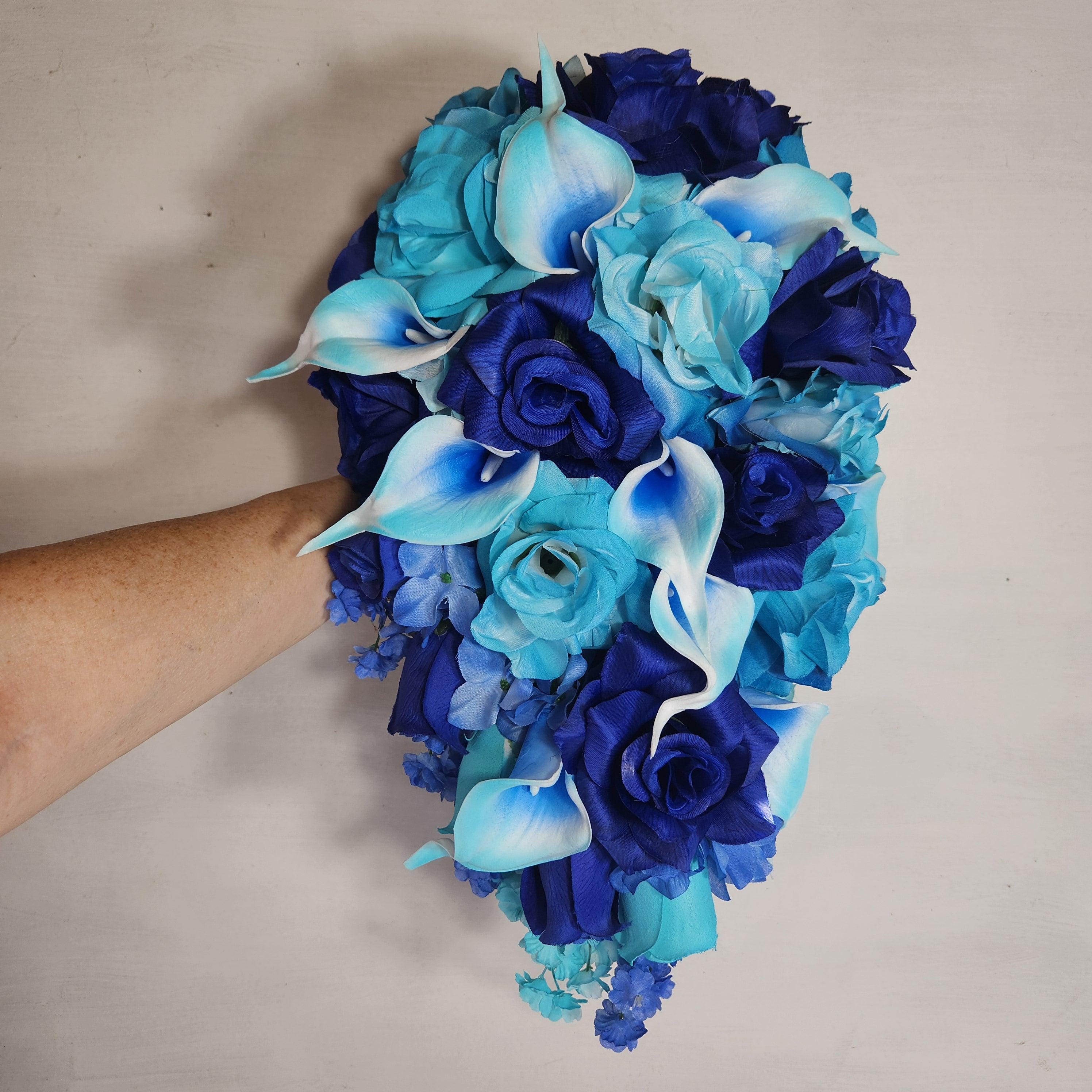 Turquoise Royal Blue Rose Calla Lily Bridal Wedding Bouquet Accessories ...