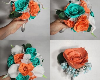 Aqua Coral Rose Calla Lily Sola Bridal Wedding Bouquet Accessories