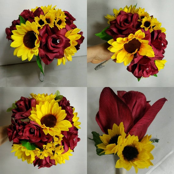 Red White Rose Sunflower Bridal Wedding Bouquet Accessories Red White Rose Sunflower Bridal Wedding Bouquet Accessories