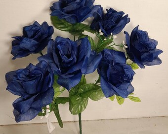 Navy Blue Open Rose Artificial Silk Flower Bush