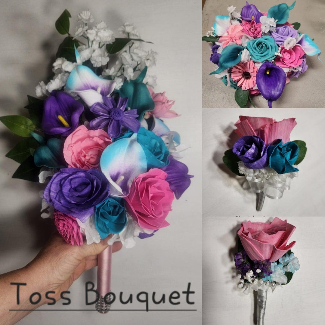 Pink Purple Teal Rose Calla Lily Sola Wood Bridal Wedding Bouquet ...