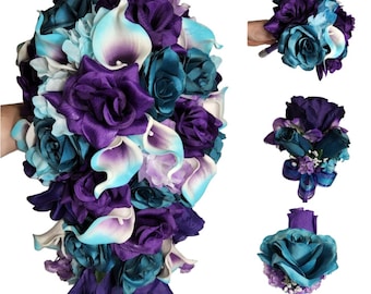 Purple Teal Rose Calla Lily Bridal Wedding Bouquet Accessories