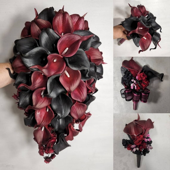 Ofre overse panel Burgundy Black Calla Lily Bridal Wedding Bouquet Accessories - Etsy