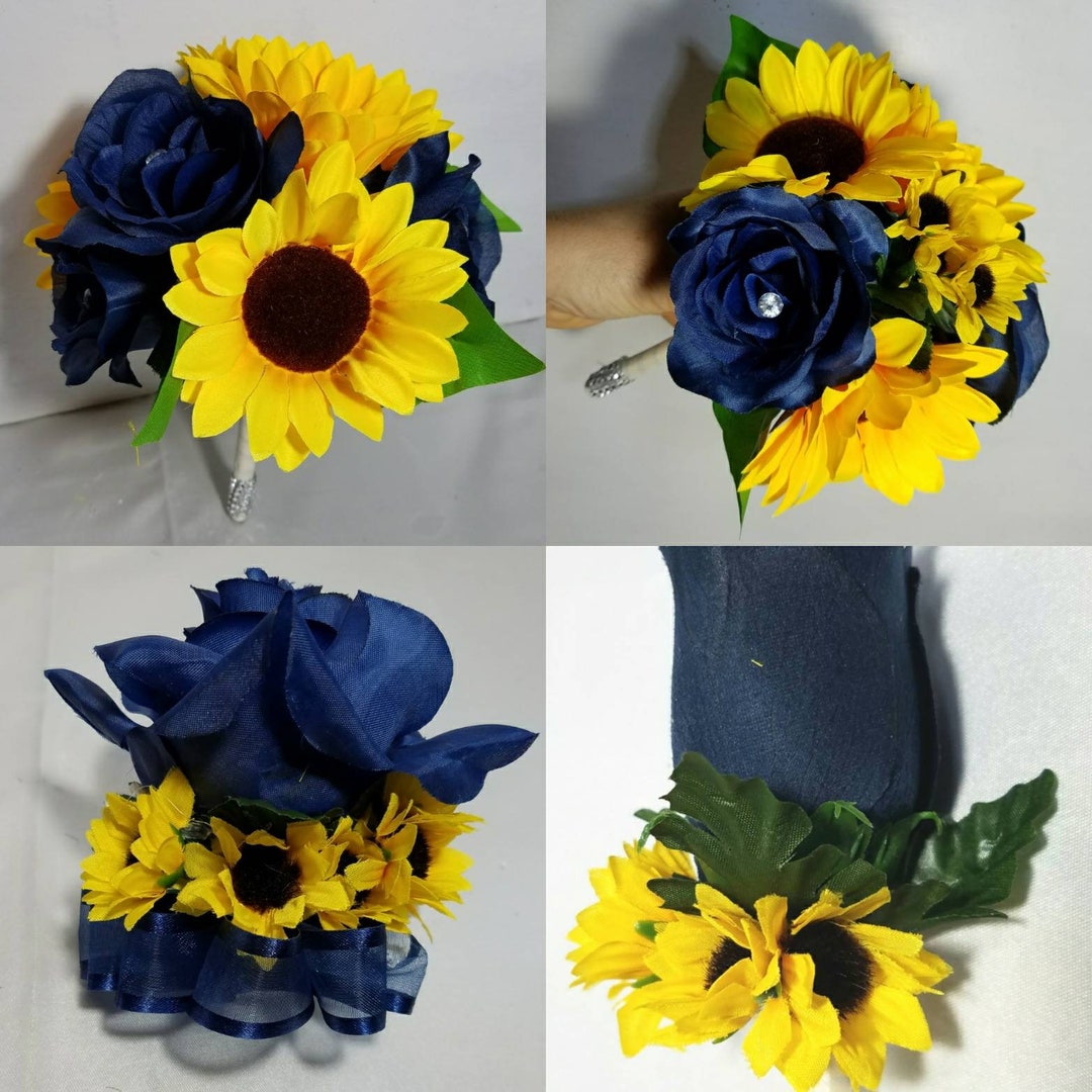 Navy Blue Rose Sunflower Bridal Wedding Bouquet Accessories Etsy
