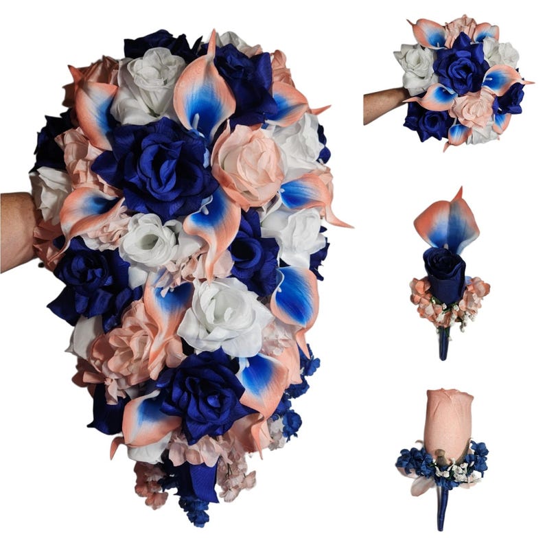 Peach Royal Blue White Rose Calla Lily Bridal Wedding Bouquet ...