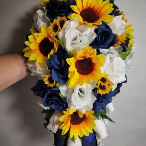 Royal Blue White Rose Sunflower Bridal Wedding Bouquet Accessories image 9