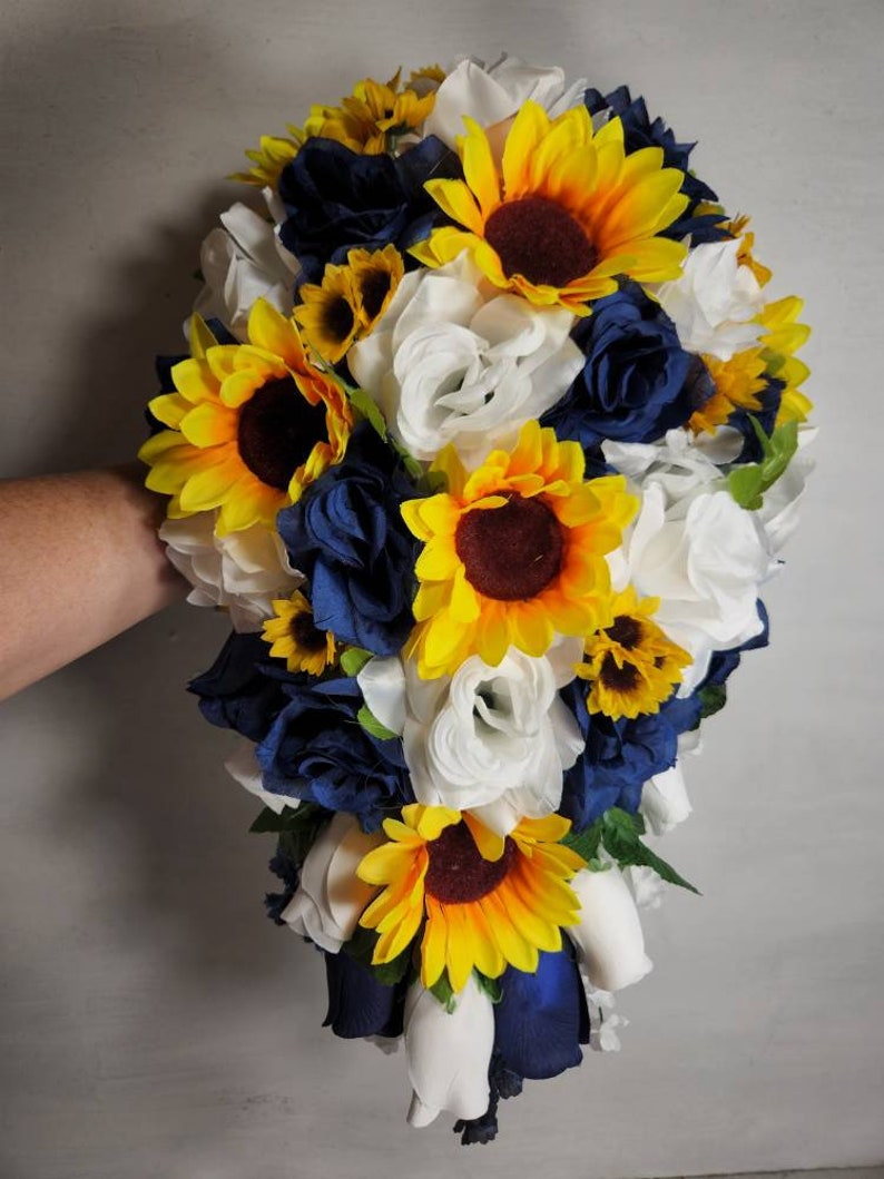 Royal Blue White Rose Sunflower Bridal Wedding Bouquet Accessories image 9