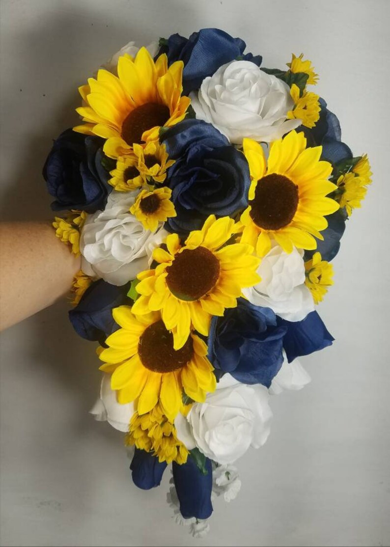 Navy Blue White Rose Sunflower Bridal Wedding Bouquet Etsy