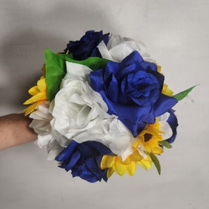 Royal Blue White Rose Sunflower Bridal Wedding Bouquet Accessories image 8