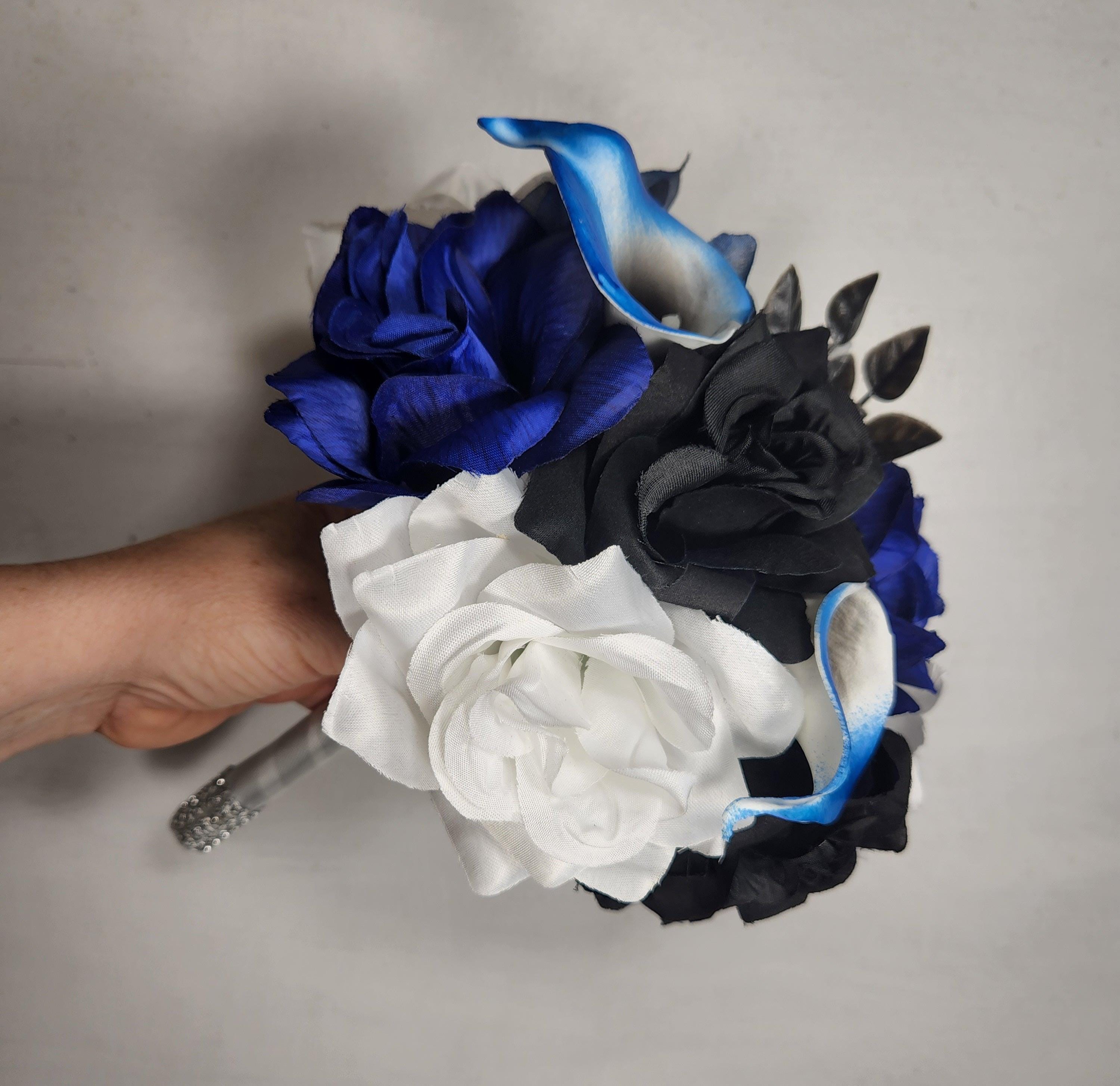 Royal Blue Black White Rose Calla Lily Bridal Wedding Bouquet ...