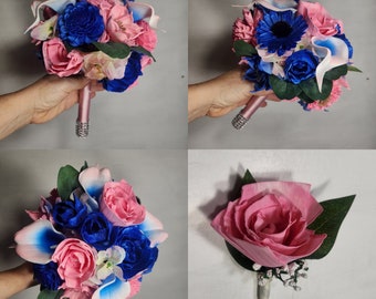 Pink Royal Blue Rose Calla Lily Sola Wood Bridal Wedding Bouquet Accessories