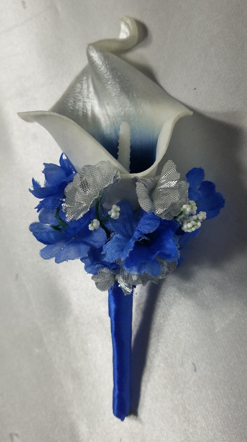 Royal Blue Silver White Rose Calla Lily Bridal Wedding Bouquet ...