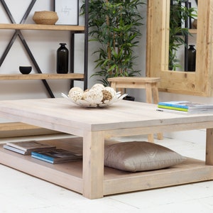 Solid wood Rustic Limed Coffee table, Whitewash coffee table with shelf