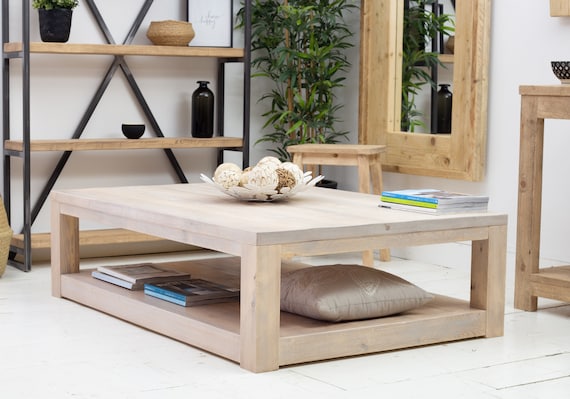 Solid Wood Rustic Limed Coffee Table Whitewash Coffee Table With