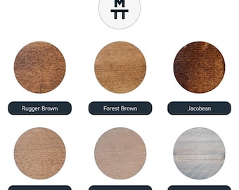 Wood Finish Samples: Jacobean, Rugger Brown, Forest Brown, Clear, Lime Wax, Grey Wash