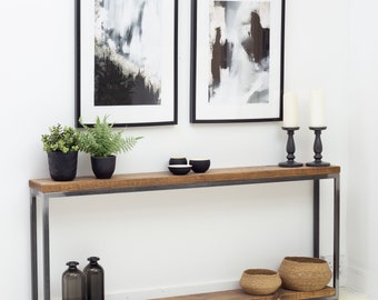 Industrial console table, Narrow entrance table, Solid wood and Metal Console