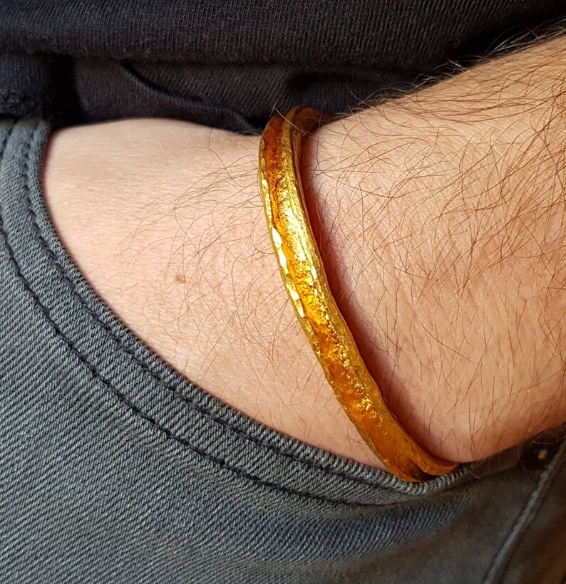 Gold Bangle 24K, Pure Gold 999, Solid Cuff, Handmade, Organic, Hammered