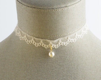 Beige Lace Choker - Pearl Charm Lace Choker - Thin Beige Lace Choker - Retro Lace Necklace - Bridal Jewelry - Crystal Pearl Lace Jewelry