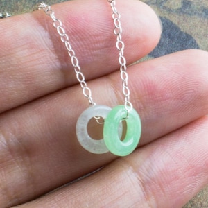 Jadeite Necklace, Two Circles Charm, Sterling Silver Necklace, Natural Jade Necklace, Natural Green Jadeite Necklace, Circle Pendant Jewelry