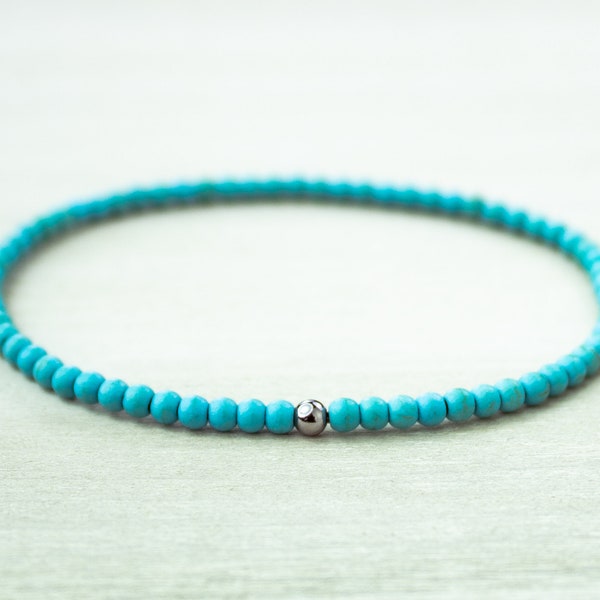 Turquoise Bracelet, Mala Bead Bracelet, Turquoise and Gun Metal Beaded Bracelet, 3mm Tiny Bead Bracelet, Turquoise Jewelry, Elastic Bracelet