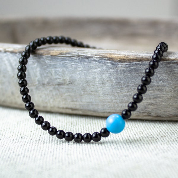 Black Onyx Protection Bracelet, 3mm Black Onyx and Blue Turquoise Beaded Bracelet, Natural Black Onyx, Healing Jewelry, Small Black Bracelet