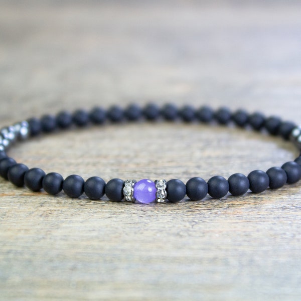 Black Onyx & Hematite Bracelet, Purple Jade Focal Bead Bracelet, Onyx Jewelry, Small Black Bracelet, Mala Bracelet, Stretch Bracelet