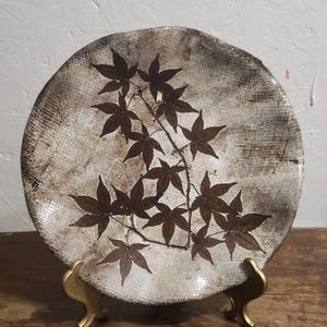 Vintage Japanese Studio Pottery Plate Handmade High-Fired Stoneware Platter with Autumn Maple Leaf (Momiji) Design, Wabi-Sabi Tableware 9.5"