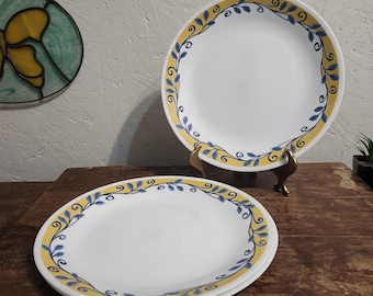 Set Of 3 Casa Flora Corelle by Corning 10  1/4" Dinner Plates White with Yellow and Blue Vine Pattern READ