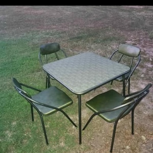 4 Cosco Folding Chairs And Square Table Vintage Olive Green Mid Century Modern