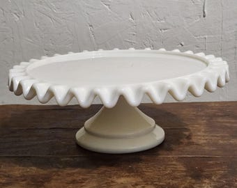 Vintage White Milk Glass Pedestal Cake Plate Footed Stand Ruffled Edge 10" Diameter 3.5" Tall